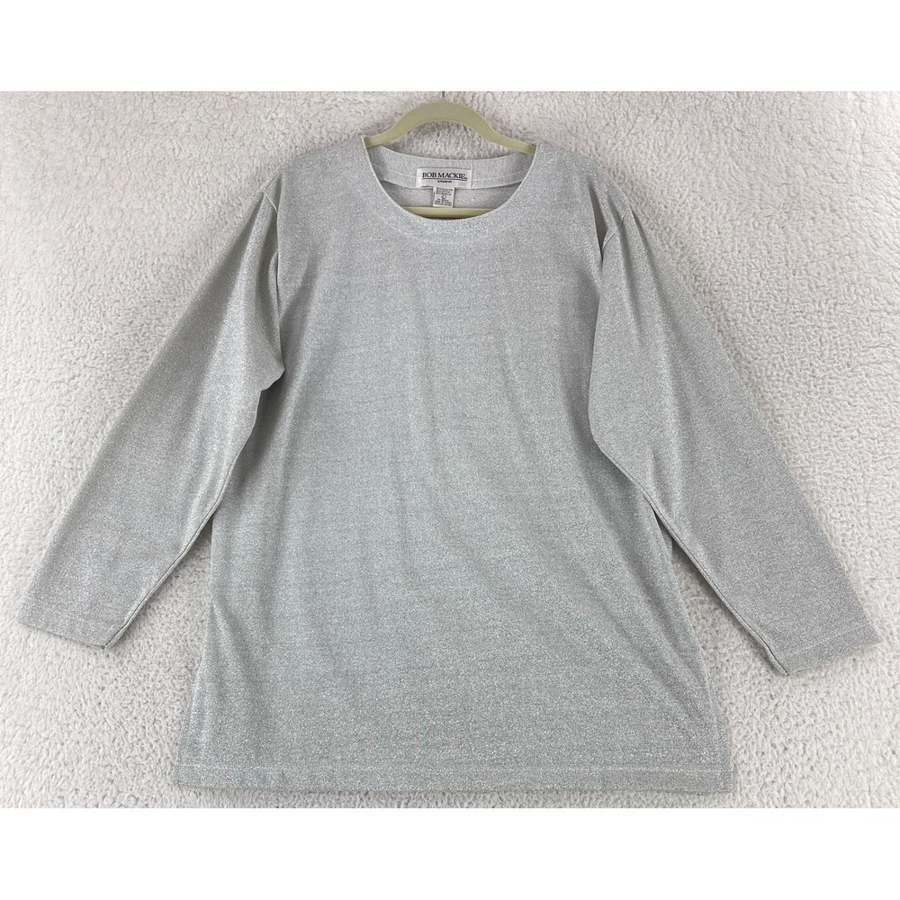 Bob Mackie‎ Studio Shirt Womens Large Silver Shimmery Long Sleeve Pullover VTG